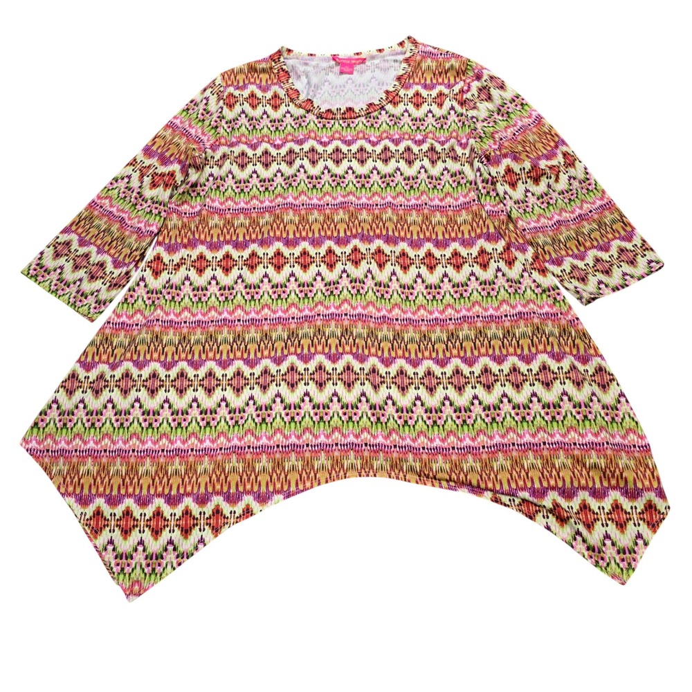 Sunny Leigh Woman Tunic Top Size 3X Pink Green Ikat Sharkbite Handkerchief Hem